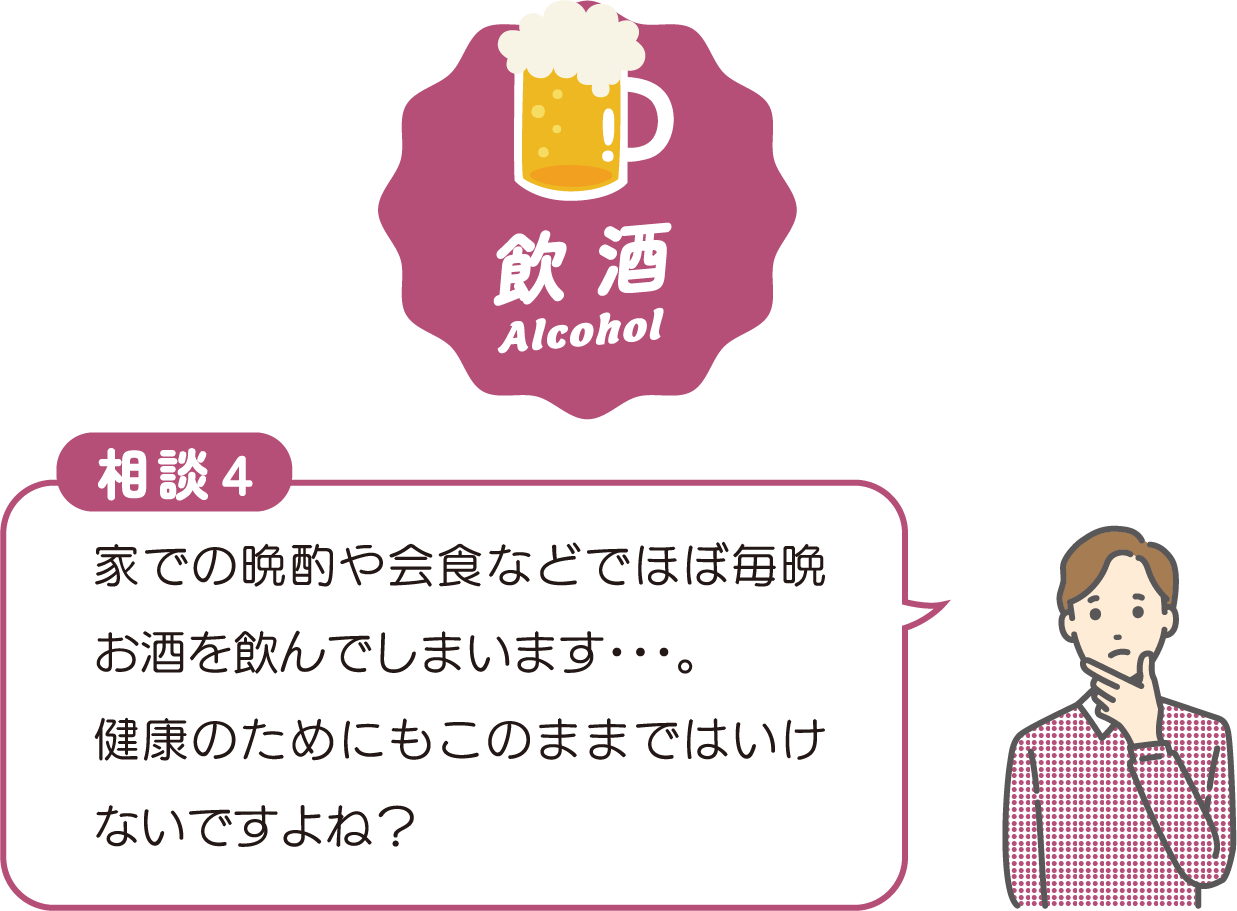 家での晩酌や会食などでほぼ毎晩お酒を飲んでしまいます・・・。健康のためにもこのままではいけないですよね？